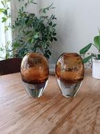 Set van 2 mondgeblazen glas vazen, cognac, Tweedehands, Overige kleuren, Tweedehands, Ophalen of Verzenden