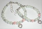 Moeder dochter Armband parel wit en roze met hart hangetje, Verzenden, Nieuw