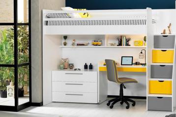 Neo hoogslaper met bureau en ladekast - 90x200 - Wit/geel beschikbaar voor biedingen