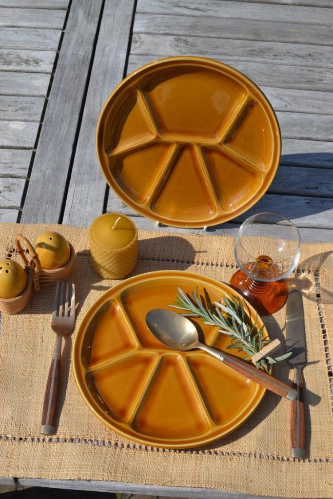 6 Vintage GIEN fondueborden tapas gourmet borden okergeel, Huis en Inrichting, Keuken | Servies, Bord(en), Overige stijlen, Ophalen of Verzenden