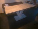 Marmerlook eettafel met witte poot (uitschuifbaar), Huis en Inrichting, Tafels | Eettafels, Ophalen, Zo goed als nieuw, Rechthoekig
