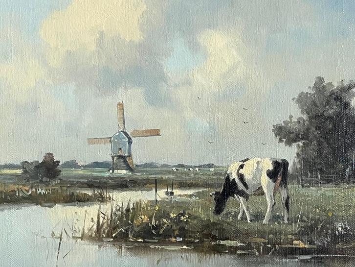 Marius de Jongere, polderlandschap met molen en koeien, Antiek en Kunst, Kunst | Schilderijen | Klassiek, Ophalen