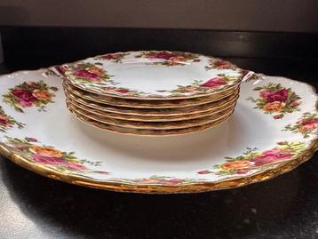 Royal Albert "Old country rose" taart plateau + 6 bordjes beschikbaar voor biedingen