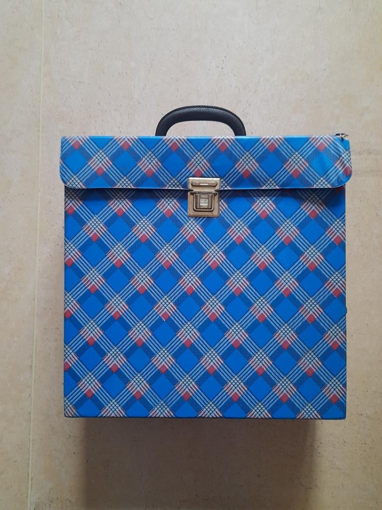 Blauw geruite lp bewaarkoffer, Ophalen, Gebruikt