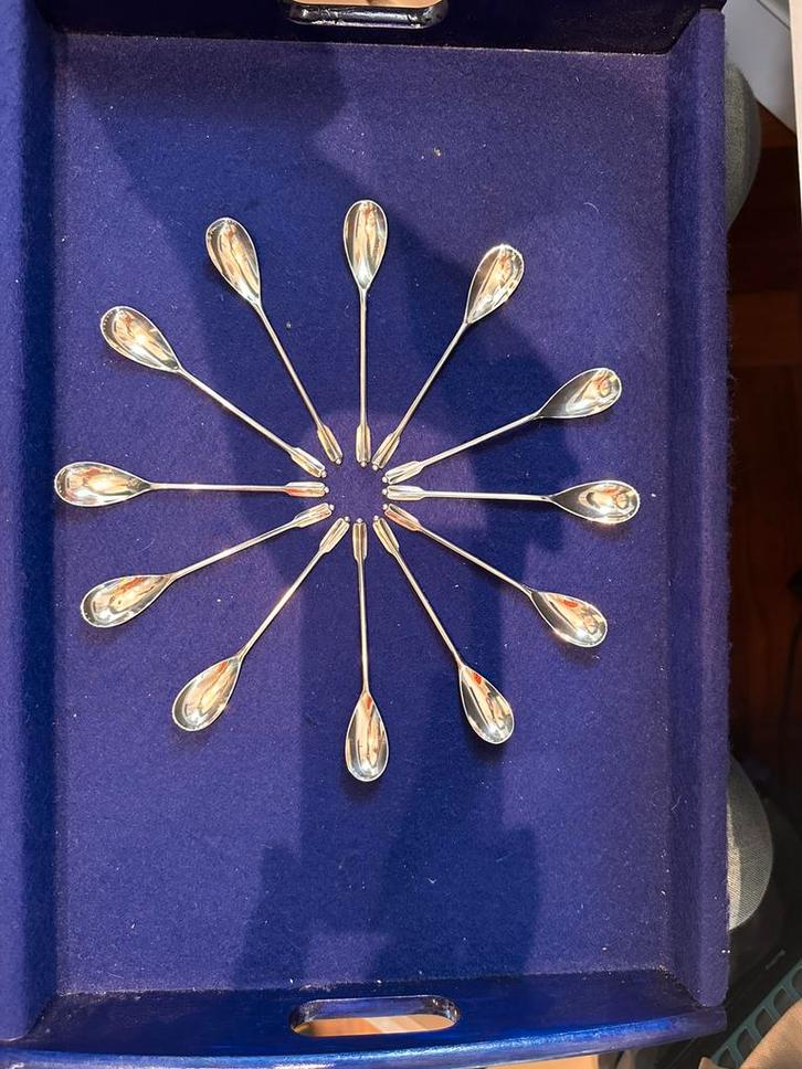 Complete set van 12 zilveren koffielepeltjes in cassette, Antiek en Kunst, Antiek | Bestek, Ophalen of Verzenden