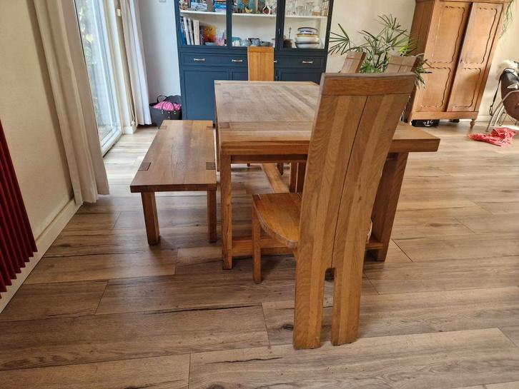 T.E.A.B. massief eiken design eettafel stoelen en eetbankje, Huis en Inrichting, Complete eetkamers, Gebruikt, Ophalen