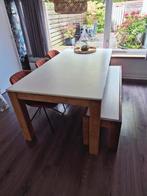 Mooie massief houten eettafel, met bankje en 3 stoelen, Huis en Inrichting, Ophalen, Gebruikt, 200 cm of meer, 50 tot 100 cm