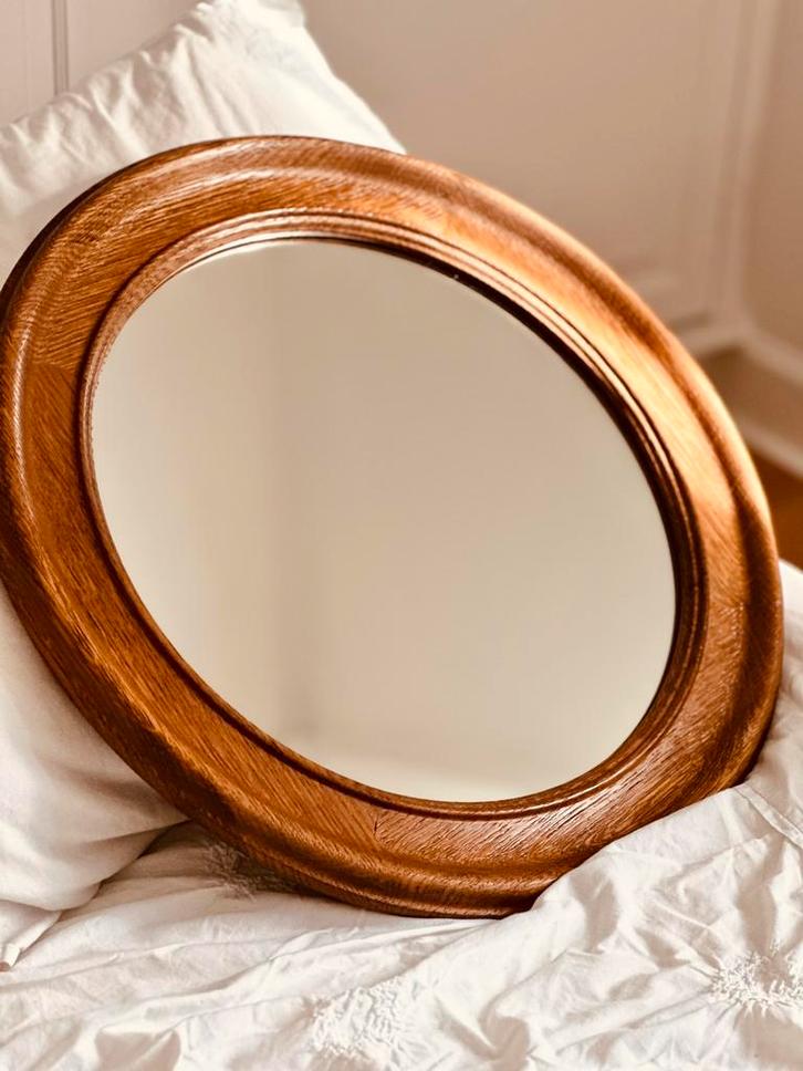 Vintage spiegel De Knudt hout rond Japandi Deens, Huis en Inrichting, Woonaccessoires | Spiegels, Zo goed als nieuw, Minder dan 50 cm