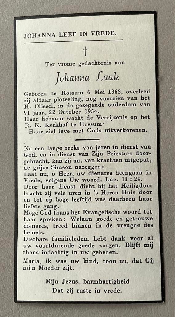 In Memoriam Johanna Laak 1863-1954 Rossum Weerselo, Ophalen of Verzenden, Bidprentje