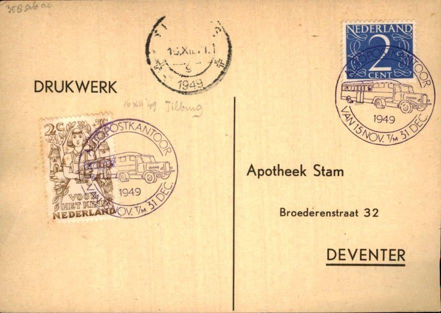Autopostkantoor - Deventer - Kinderpostzegel - 1949, Postzegels en Munten, Ophalen of Verzenden, Briefkaart