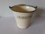 Vintage emaille emmer voor groente, licht geel met groene ra, Ophalen of Verzenden