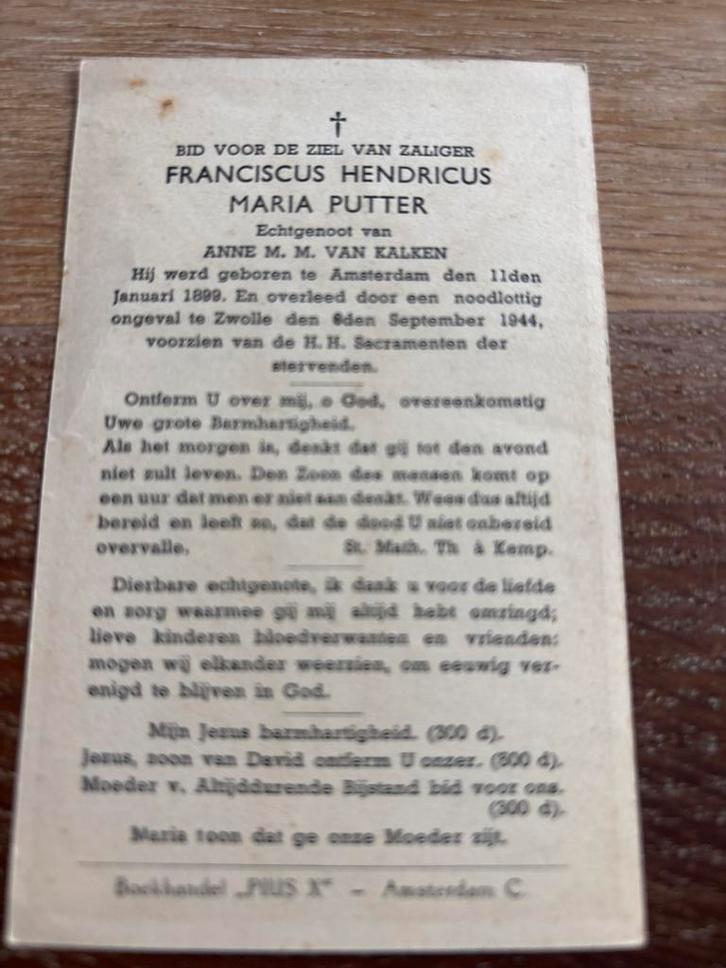 Putter Franciscus 1889 Amsterdma 1944 Zwolle x v Kalken, Verzamelen, Bidprentjes en Rouwkaarten, Bidprentje, Ophalen of Verzenden
