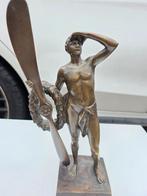 Antiek Bronzen Beeld - Vliegenier met Propeller, Antiek en Kunst, Kunst | Beelden en Houtsnijwerken, Ophalen of Verzenden