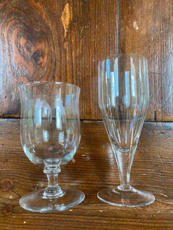 Antieke Glazen Set - Gegraveerd & Lijnpatroon Design, Antiek en Kunst, Antiek | Glas en Kristal, Ophalen of Verzenden