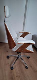 Design bureaustoel / directiestoel – wit leer en hout, Ophalen, Zo goed als nieuw, Wit