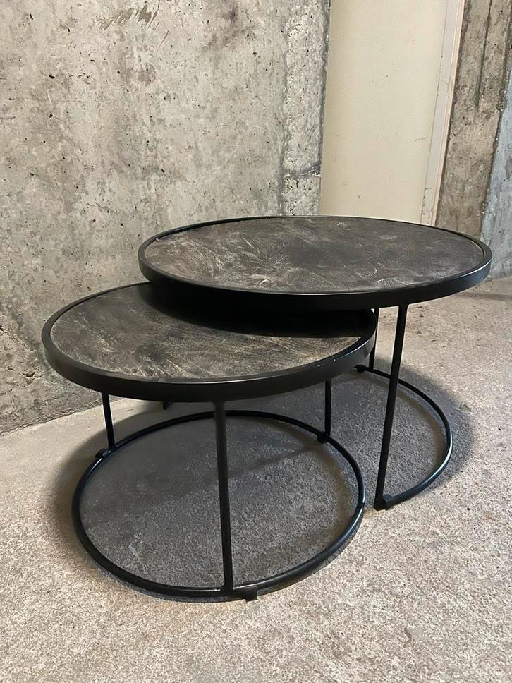 Salontafel Set Rond Zwart Hout/Metaal, Huis en Inrichting, Tafels | Bijzettafels, Gebruikt, Rond, Minder dan 45 cm, Minder dan 55 cm