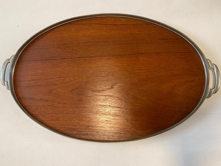 Art Deco/Art Nouveau  Teak dienblad met tinnen rand, Antiek en Kunst, Curiosa en Brocante, Ophalen