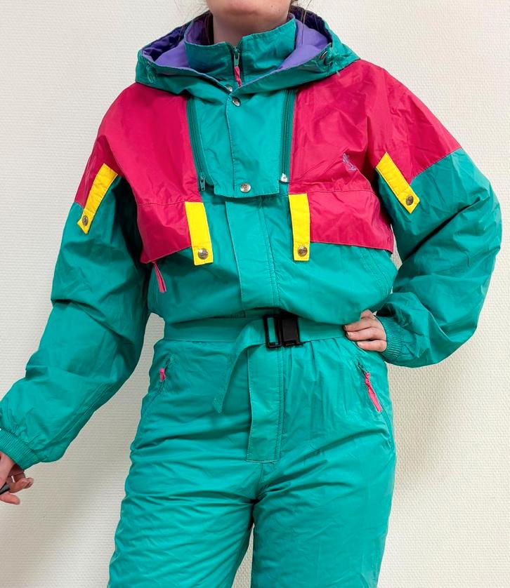 Vintage retro skipak - turquoise, rood, geel, paars maat M/L, Kleding | Dames, Wintersportkleding, Gedragen, Pak, Maat 38/40 (M)