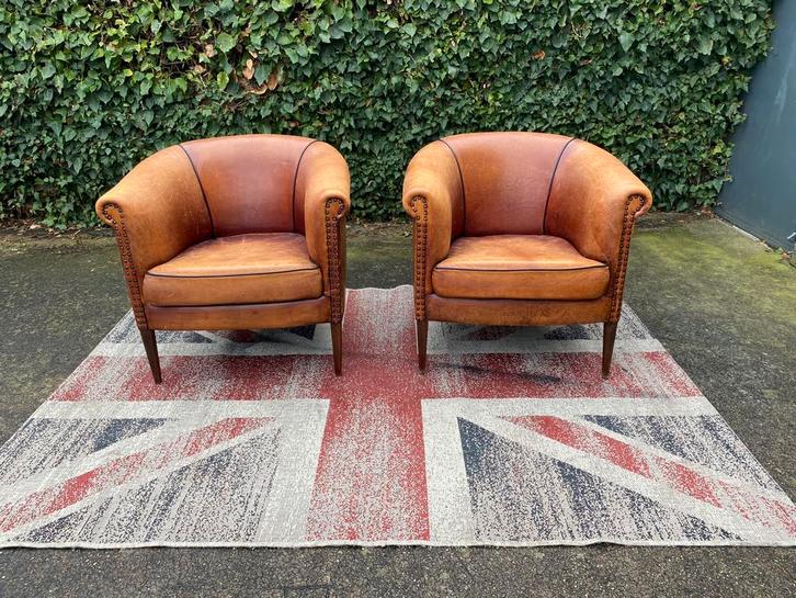 2 x schapen leren club fauteuils !!!, Huis en Inrichting, Fauteuils, Gebruikt, Hout, Leer, 75 tot 100 cm, Minder dan 75 cm, Ophalen