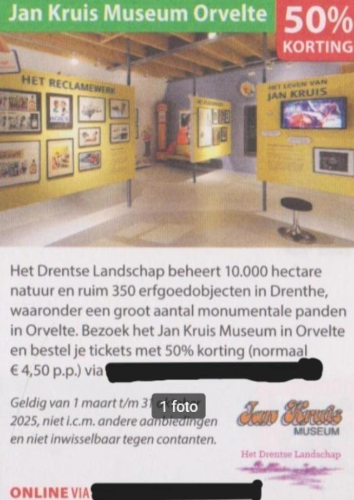 Jan Kruis Museum Orvelte 50% korting, Tickets en Kaartjes, Musea, Drie personen of meer, Kortingskaart