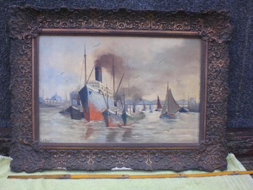 Oud schilderij haven Rotterdam 78 cm. x 58 cm. .., Antiek en Kunst, Kunst | Schilderijen | Klassiek, Ophalen