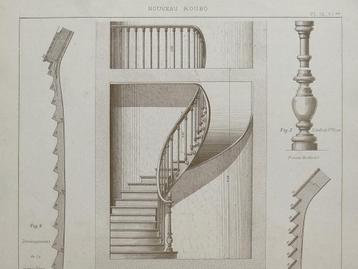 Grote originele litho 1900 - Antieke ontwerptekening trap beschikbaar voor biedingen