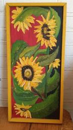 Schilderij zonnebloemen dik geschilderd monogram EJM, Antiek en Kunst, Ophalen