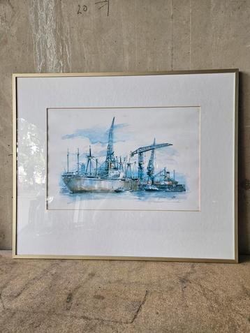 Aquarel Rotterdamse haven van Ronald van Rikxoort beschikbaar voor biedingen