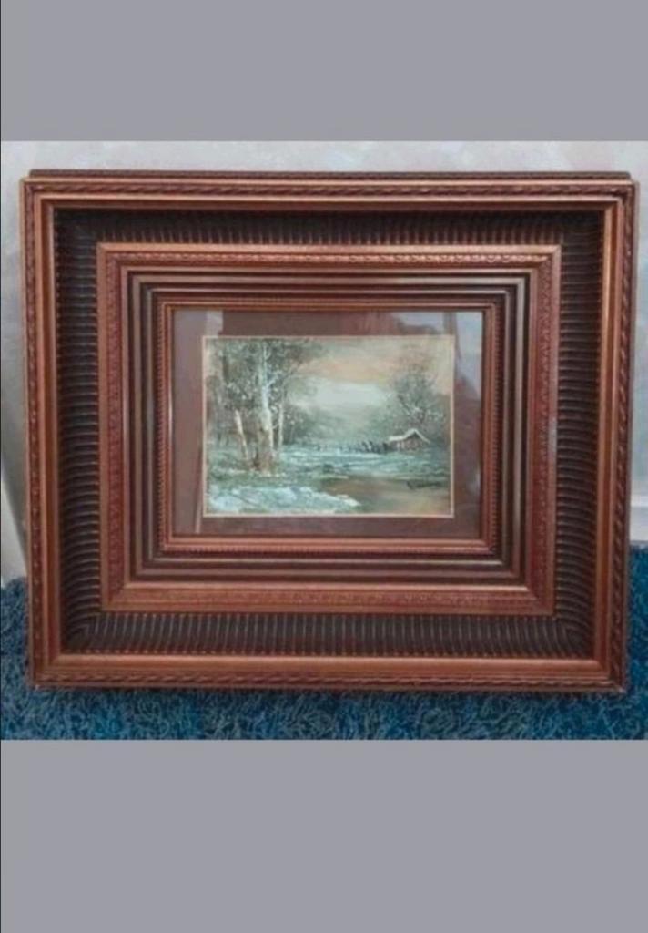 Winterlandschap schilderijtje met een hele mooie zwaren lijs, Antiek en Kunst, Kunst | Schilderijen | Klassiek, Ophalen of Verzenden