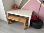 Wit bureau/tafel met handgemaakt houten bankje., Ophalen, Gebruikt, Tafel