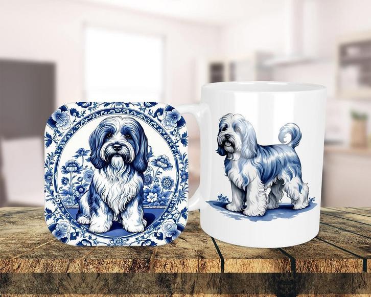 Tibetaanse Terriër Delfts Blauw set onderzetter + mok, Huis en Inrichting, Keuken | Servies, Nieuw, Kop(pen) en/of Schotel(s)