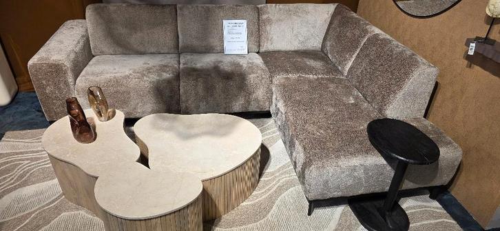 Organische Salontafel Mangohout en marmer SHOWMODELLEN, Huis en Inrichting, Tafels | Salontafels, Zo goed als nieuw, Minder dan 50 cm