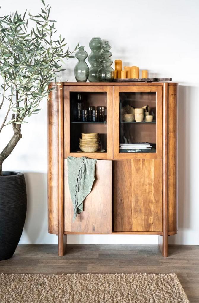 Eleonora Julian Kast 4 Deuren Massief Acaciahout – Nieuw, Huis en Inrichting, Kasten | Vitrinekasten, Nieuw, 25 tot 50 cm, Glas
