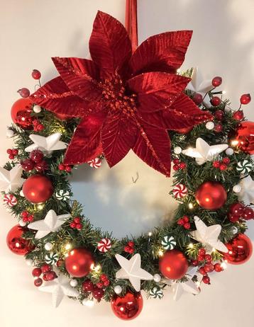 Prachtige kerstkrans rood &wit met verlichting 45 cm beschikbaar voor biedingen