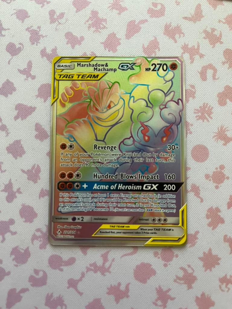 Rainbow Rare Marshadow & Machamp Tag Team GX NM, Ophalen of Verzenden, Zo goed als nieuw