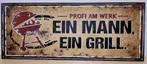 Ein mann ein grill BBQ reclamebord van metaal wandbord deco