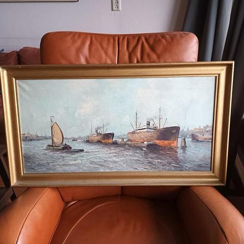 Haven Rotterdam, olieverf op doek, gesigneerd l.o., Antiek en Kunst, Kunst | Schilderijen | Klassiek, Ophalen of Verzenden