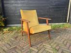 Vintage fauteuil Deens design, jaren 60 in velvet en teak, Huis en Inrichting, Fauteuils, Ophalen, Hout, Gebruikt, 75 tot 100 cm
