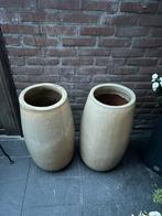 Twee geglazuurde bloempotten zandkleur met grijstinten, Tuin en Terras, Bloempotten, Rond, Zo goed als nieuw, Tuin, Aardewerk