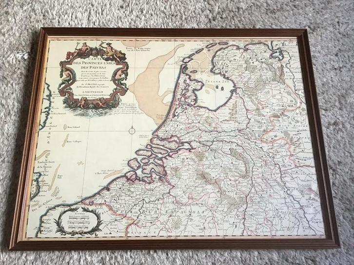 Oude Landkaart Nederland & België, ingelijst, Boeken, Atlassen en Landkaarten, Zo goed als nieuw, Landkaart, Nederland, Voor 1800