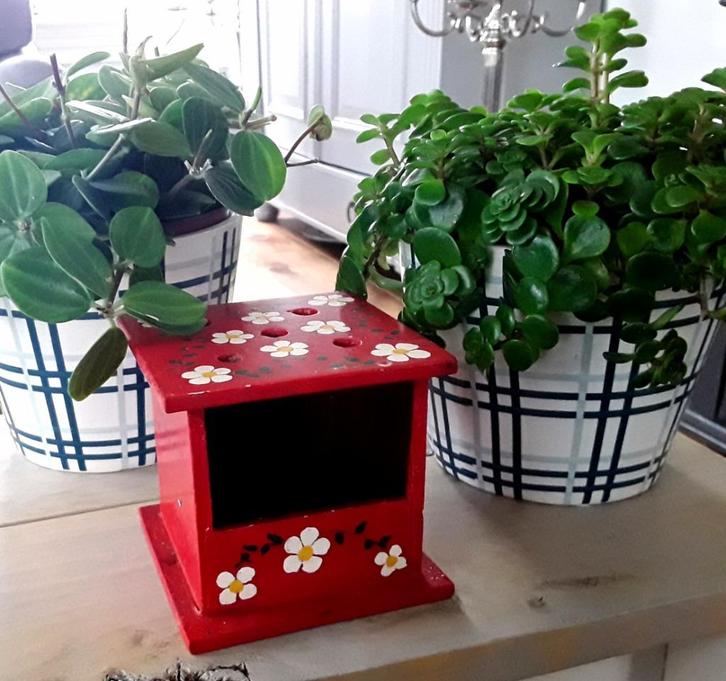 Klein brocant beschilderde stoof - stoofje - rood - bloeme, Antiek en Kunst, Curiosa en Brocante, Ophalen of Verzenden