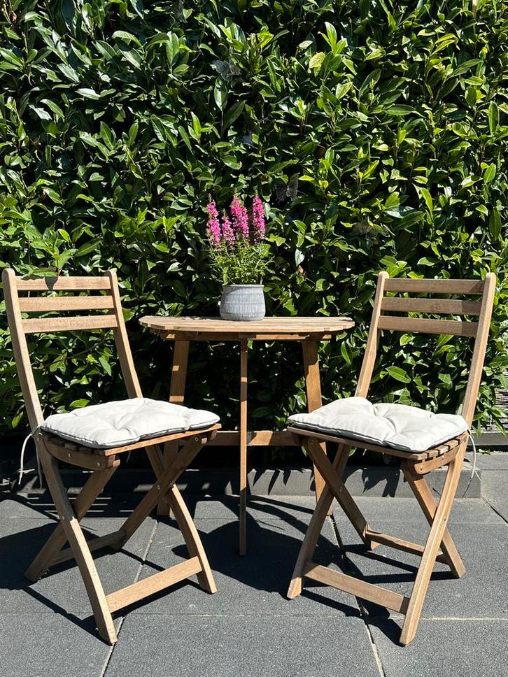 IKEA Askholmen tuin/balkonset 2 personen incl. kussentjes, Tuin en Terras, Tuinsets en Loungesets, Gebruikt, Tuinset, Hout, 2 zitplaatsen