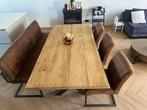 Nette massief eikenhouten eettafel met bijbehorende stoelen, Ophalen, Gebruikt, 100 tot 150 cm, Eikenhout