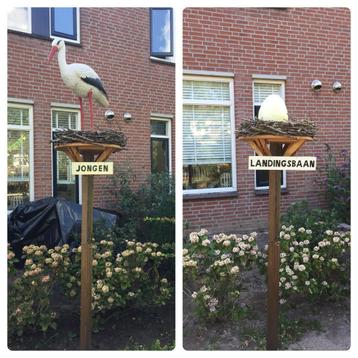 Ooievaarsnest met ei, landingsbaan en ooievaar met pop beschikbaar voor biedingen