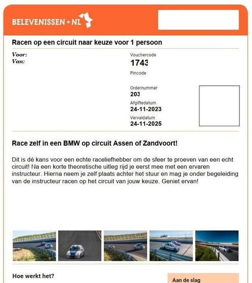 Cadeaubon t.w.v. €155,-, Tickets en Kaartjes, Kortingen en Cadeaubonnen, Eén persoon, Overige typen, Cadeaubon, Arrangement