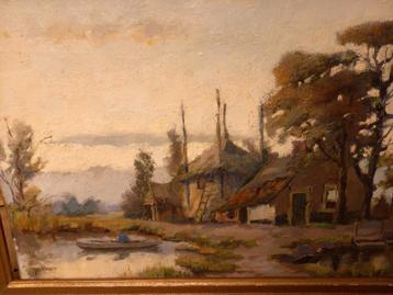 Schilderij: Landschap met boot en huizen beschikbaar voor biedingen