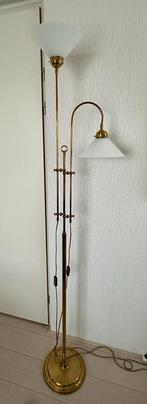 Messing staande lamp met 2 glazen schalen, Huis en Inrichting, Lampen | Vloerlampen, Ophalen of Verzenden, Gebruikt, 150 tot 200 cm