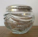 Kristalglas potje geëtst, met verzilverd deksel 6,5 cm hoog, Antiek en Kunst, Ophalen of Verzenden