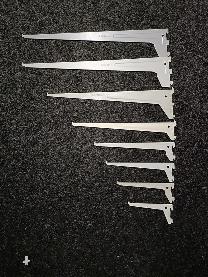 Plankendragers verschillende maten van Duraline en F-System, Doe-het-zelf en Verbouw, IJzerwaren en Bevestigingsmiddelen, Zo goed als nieuw