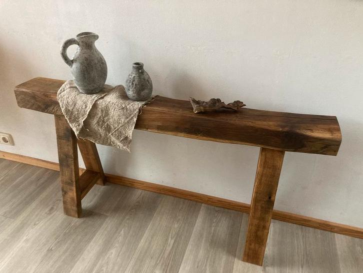 Oer-oud EIKEN gebint wordt bankje - 120 cm, Huis en Inrichting, Tafels | Sidetables, Nieuw, Minder dan 25 cm, 100 tot 150 cm, Rechthoekig